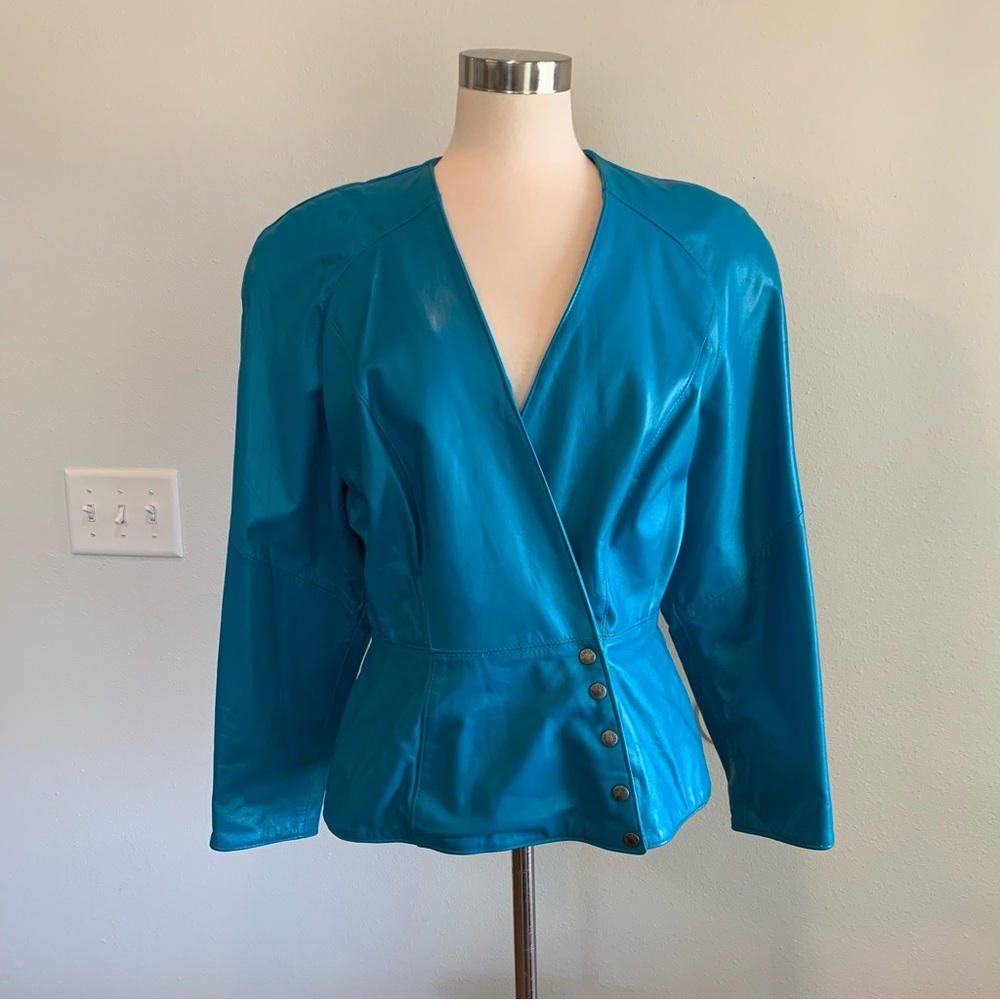 Vintage Teal Leather V Neck Statement Jacket Coat